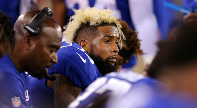 New York Giants wide receiver Odell Beckham Jr. (13) reacts on the bench during the fourth quarter against the Detroit Lions at MetLife Stadium. NFL: Detroit Lions at New York Giants