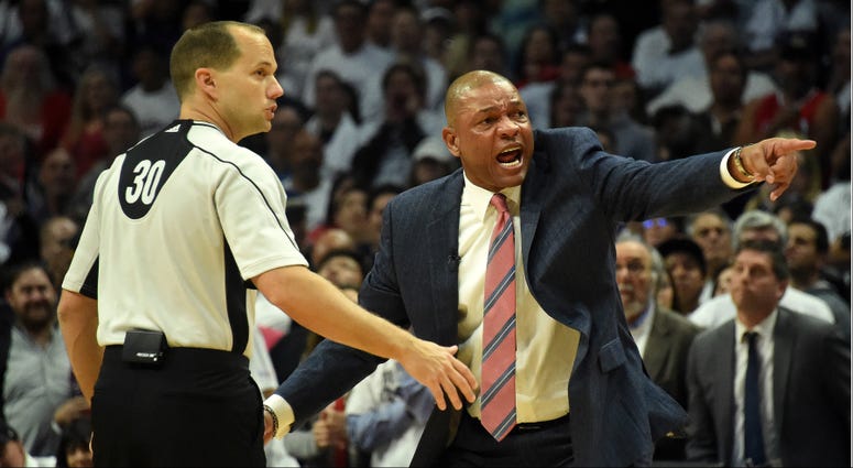 Los Angeles Clippers head coach Doc Rivers reacts after guard Chris Paul (3) is called for a foul against Utah Jazz forward Gordon Hayward (20) during the second half in game five of the first round of the 2017 NBA Playoffs at Staples Center. NBA: Playoffs-Utah Jazz at Los Angeles Clippers