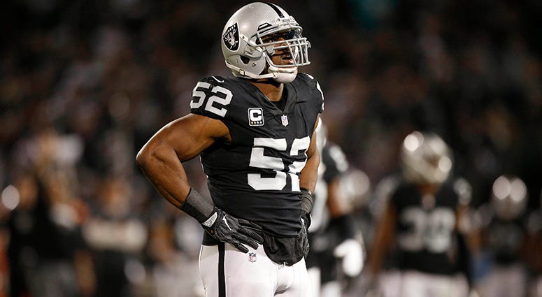 Dec 17, 2017; Oakland, CA, USA; Oakland Raiders defensive end Khalil Mack (52) stands on the field during a break in the action against the Dallas Cowboys in the second quarter at Oakland Coliseum. Mandatory Credit: Cary Edmondson-USA TODAY Sports Dec 17, 2017; Oakland, CA, USA; Oakland Raiders defensive end Khalil Mack (52) stands on the field during a break in the action against the Dallas Cowboys in the second quarter at Oakland Coliseum. Mandatory Credit: Cary Edmondson-USA TODAY Sports