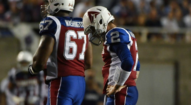 Montreal Alouettes quarterback Johnny Manziel (2) reacts after throwing an interception during the second quarter at Percival Molson Memorial Stadium. CFL: Hamilton Tiger-Cats at Montreal Alouettes