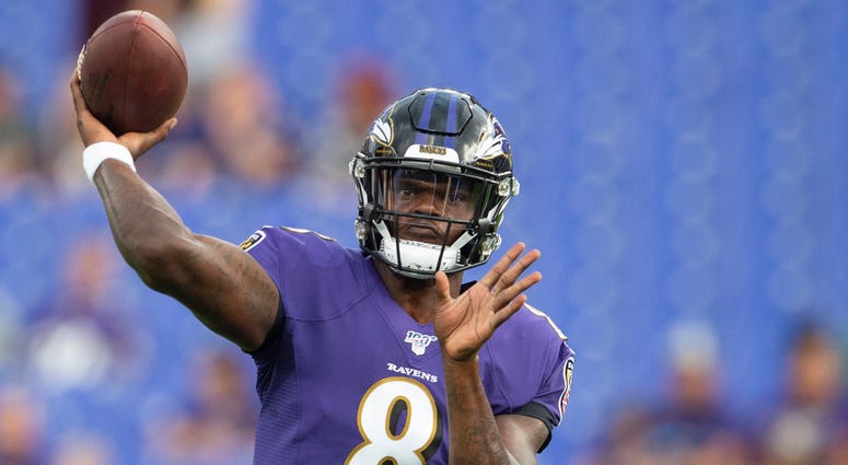 Baltimore Ravens quarterback Lamar Jackson (8) throws before the game against the Jacksonville Jaguars at M&T Bank Stadium Baltimore Ravens quarterback Lamar Jackson (8) throws before the game against the Jacksonville Jaguars at M&T Bank Stadium