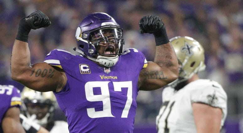 Minnesota Vikings defensive end Everson Griffen (97) celebrates a sack against the New Orleans Saints in the second quarter of the NFC Divisional Playoff football game at U.S. Bank Stadium. NFL: NFC Divisional Playoff-New Orleans Saints at Minnesota Vikings