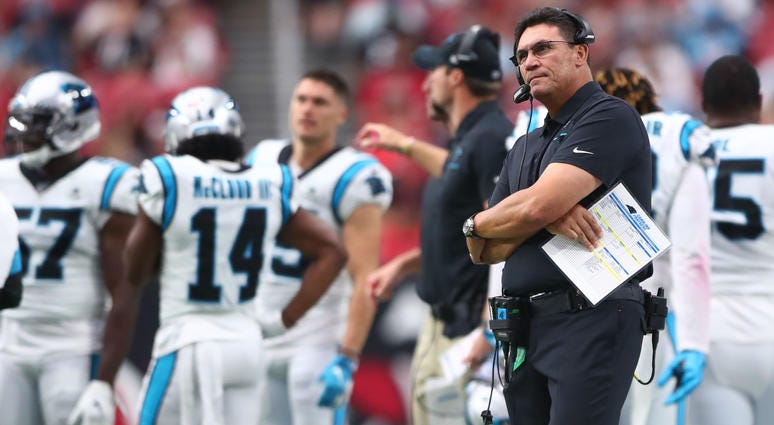 Sep 22, 2019; Glendale, AZ, USA; Carolina Panthers head coach Ron Rivera reacts against the Arizona Cardinals at State Farm Stadium Sep 22, 2019; Glendale, AZ, USA; Carolina Panthers head coach Ron Rivera reacts against the Arizona Cardinals at State Farm Stadium