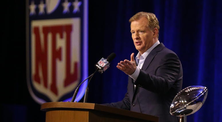 NFL commissioner Roger Goodell answers questions during a press conference in advance of Super Bowl LII between the New England Patriots and Philadelphia Eagles at Hilton Minneapolis.
