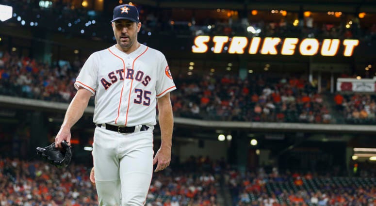 Houston Astros starting pitcher Justin Verlander (35) walks to the dugout after recording a strike out during the second inning against the Tampa Bay Rays at Minute Maid Park Houston Astros starting pitcher Justin Verlander (35) walks to the dugout after recording a strike out during the second inning against the Tampa Bay Rays at Minute Maid Park