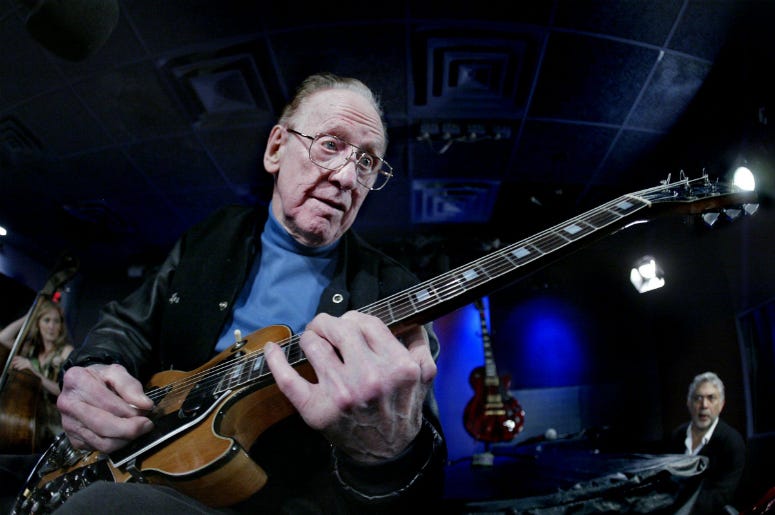 Les Paul plays a signature Les Paul Recording electric Gibson guitar during an extended sound check at the Iridium Jazz Club in New York City on May 30, 2005. Les Paul plays a signature Les Paul Recording electric Gibson guitar during an extended sound check at the Iridium Jazz Club in New York City on May 30, 2005.