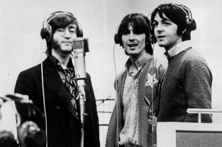 John Lennon, George Harrison and Paul McCartney, record voices in a studio for their new cartoon film 'Yellow Submarine' John Lennon, George Harrison and Paul McCartney, record voices in a studio for their new cartoon film 'Yellow Submarine'