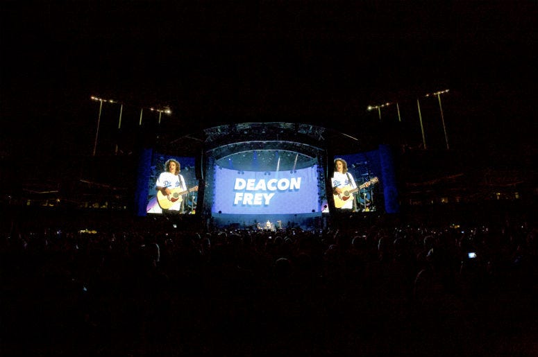 Deacon Frey performs with the Eagles at the Classic West festival at Dodger Stadium in Los Angeles Deacon Frey performs with the Eagles at the Classic West festival at Dodger Stadium in Los Angeles