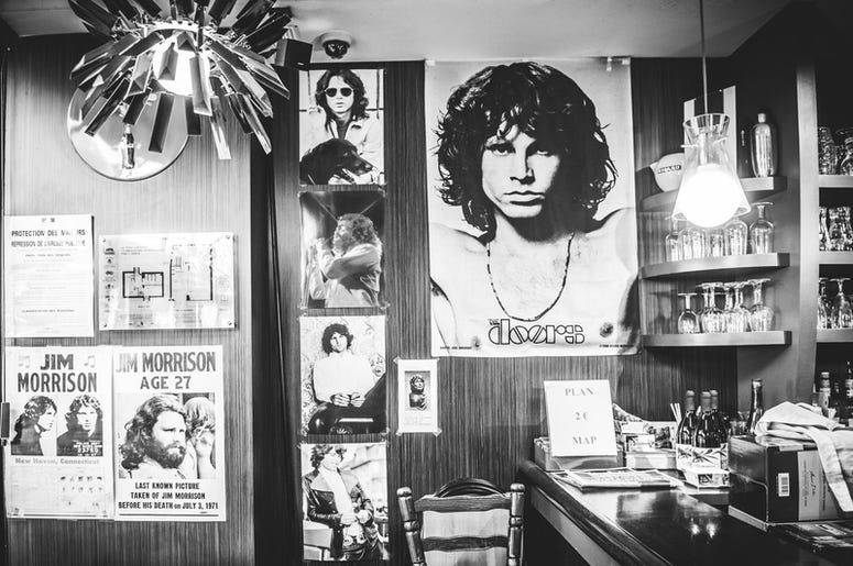 Le Pere Lachaise cafe interior in Paris. Singer Jim Morrison used to visit this cafe. Le Pere Lachaise cafe interior in Paris. Singer Jim Morrison used to visit this cafe.