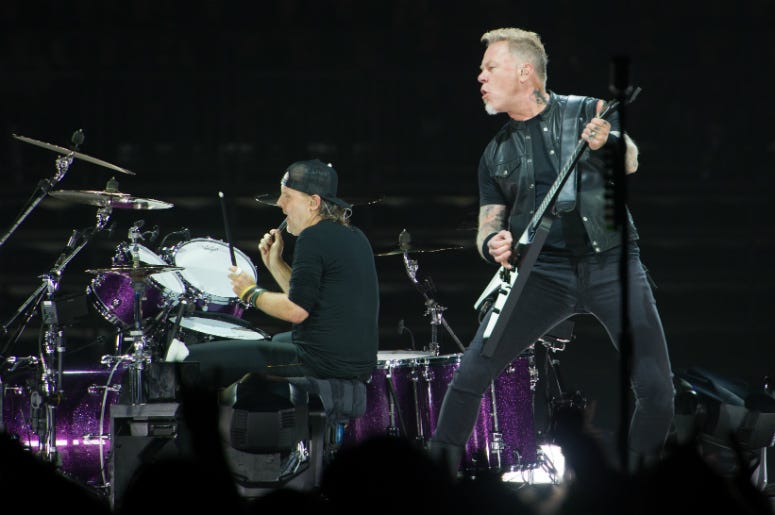 James Hetfield and Lars Ulrich of Metallica performing live on stage at Genting Arena in Birmingham, UK James Hetfield and Lars Ulrich of Metallica performing live on stage at Genting Arena in Birmingham, UK