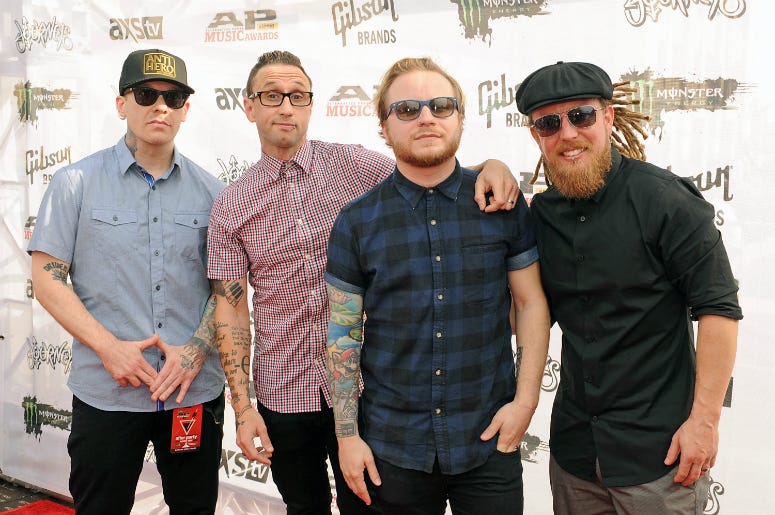 Barry Kerch, Brent Smith, Zach Myers, and Eric Bass of the band Shinedown attend the 2015 Alternative Press Music Awards Barry Kerch, Brent Smith, Zach Myers, and Eric Bass of the band Shinedown attend the 2015 Alternative Press Music Awards