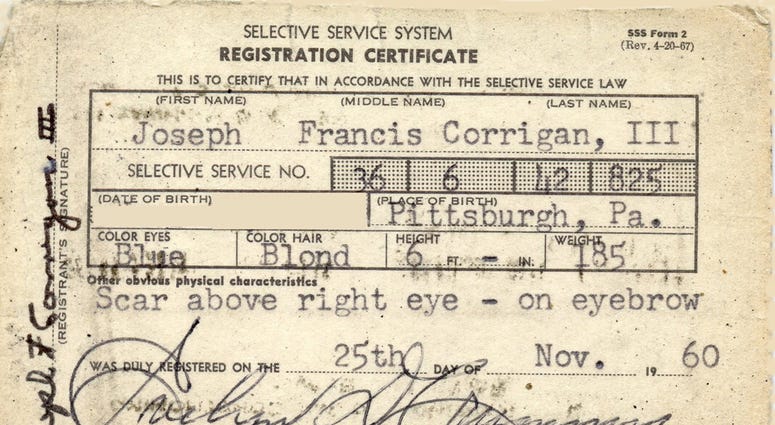 Draft card. Courtesy of Joseph Corrigan, C Troop, 2nd Squadron, 1st Cavalry Regiment, 4th Infantry Division, Dak To, Vietnam 1967–68 Draft card. Courtesy of Joseph Corrigan, C Troop, 2nd Squadron, 1st Cavalry Regiment, 4th Infantry Division, Dak To, Vietnam 1967–68