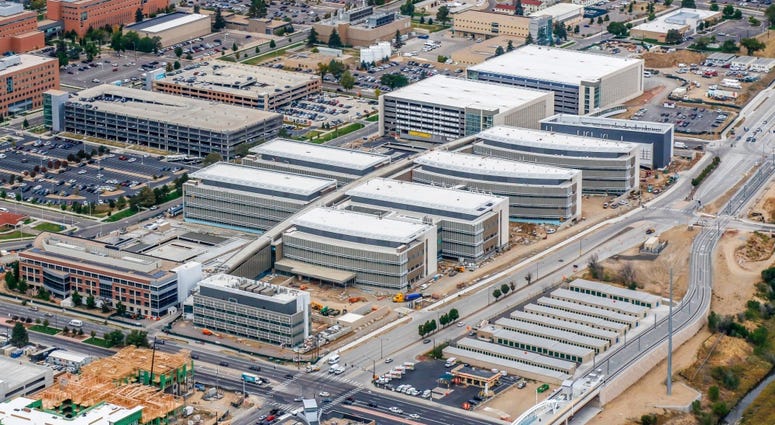 Aerial photo of the 12-building Department of Veteran Affairs replacement medical center under construction in Aurora, Colorado. The entire facility has been under U.S. Army Corps of Engineers’ contract to Kiewit-Turner since November 2015 New VA Colorado VAMC