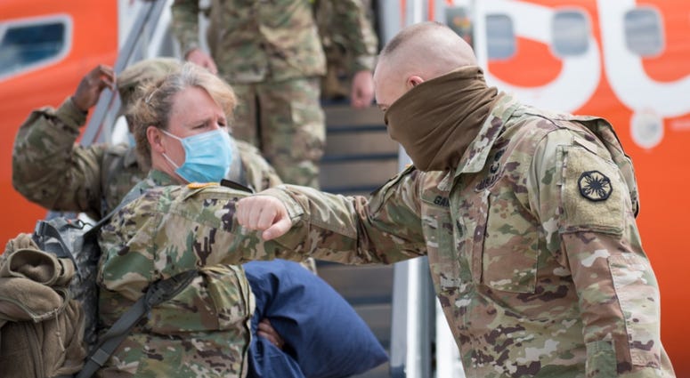 Command Sgt. Maj. Todd M. Garner, 13th Expeditionary Sustainment Command, welcomes medics back May 11. During the COVID-19 pandemic, soldiers from 9th Hospital Center, 1st Medical Brigade, deployed to New York in support of preventive operations March 25. Coronavirus
