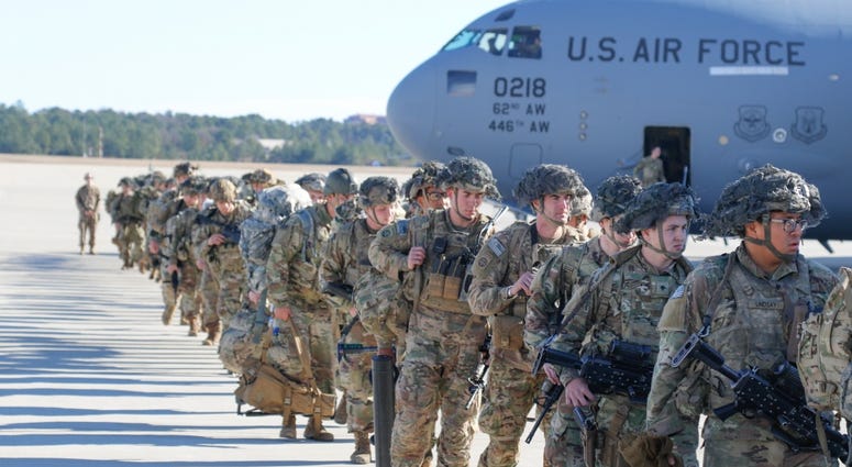 U.S. Army Paratroopers assigned to the 2nd Battalion, 504th Parachute Infantry Regiment, 1st Brigade Combat Team, 82nd Airborne Division, deploy from Pope Army Airfield, North Carolina, Jan. 1, 2020. to CENTCOM. 82nd Airborne