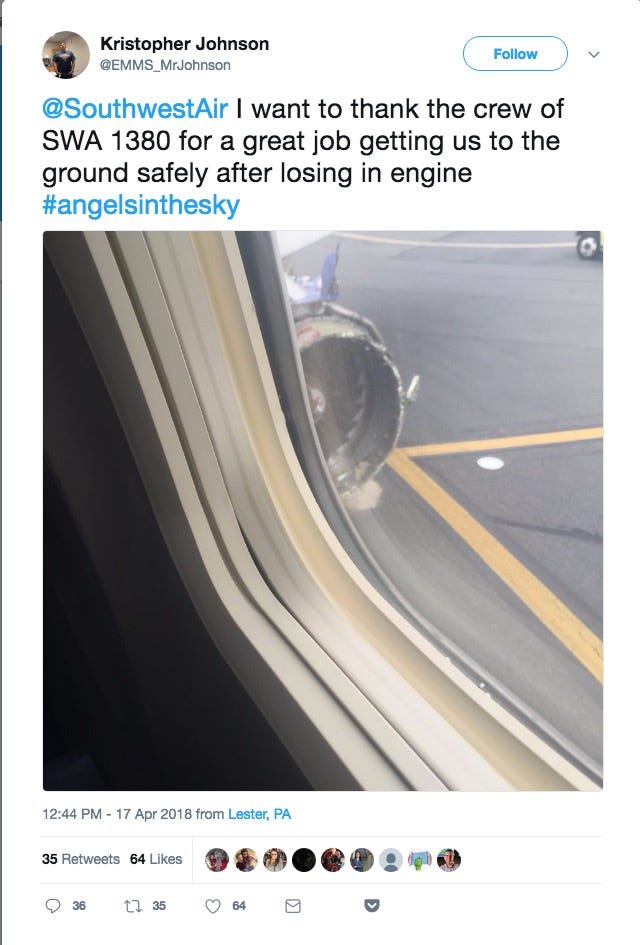 Apr 17, 2018; Philadelphia, PA, USA; Twitter post by Kristopher Johnson (@EMMS_MrJohnson) with caption: @SouthwestAir I want to thank the crew of SWA 1380 for a great job getting us to the ground safely after losing in engine #angelsinthesky.
