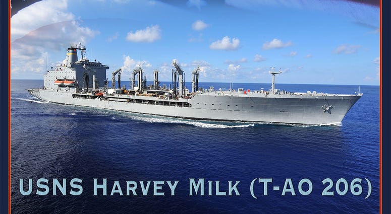 A photo illustration announcing that Military Sealift Command fleet oiler, T-AO 206, will be named USNS Harvey Milk. A photo illustration announcing that Military Sealift Command fleet oiler, T-AO 206, will be named USNS Harvey Milk.
