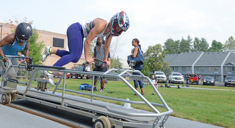 Kristi Koplin, bobsled driver, trains on a railcar in Lake Placid, N.Y., August 17, 2017.