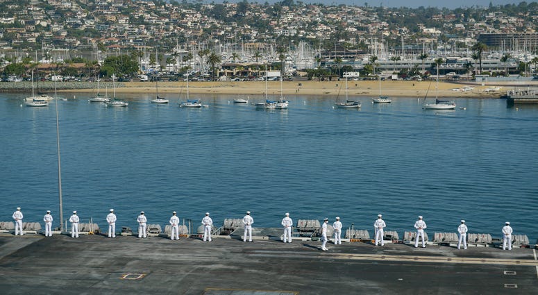 Sailors man the rails as the aircraft carrier USS Theodore Roosevelt (CVN 71) approaches Naval Air Station North Island