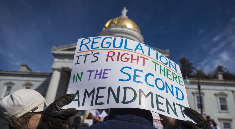 View of a sign at the rally at the statehouse in Montpelier on Saturday, March 24, 2018.
