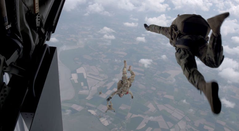U.S Army Special Forces commemorate WWII with jump into Mont Saint-Michel, Normandy, France. U.S Army Special Forces commemorate WWII with jump into Mont Saint-Michel, Normandy, France.