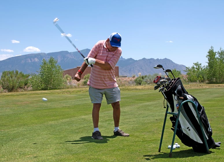 U.S. Army Veteran Joe Martinek uses an adaptive swing at the Twin Warriors Golf Club, Bernalillo, New Mexico, while participating in the New Mexico VA Health Care System’s adaptive sports program U.S. Army Veteran Joe Martinek uses an adaptive swing at the Twin Warriors Golf Club, Bernalillo, New Mexico, while participating in the New Mexico VA Health Care System’s adaptive sports program