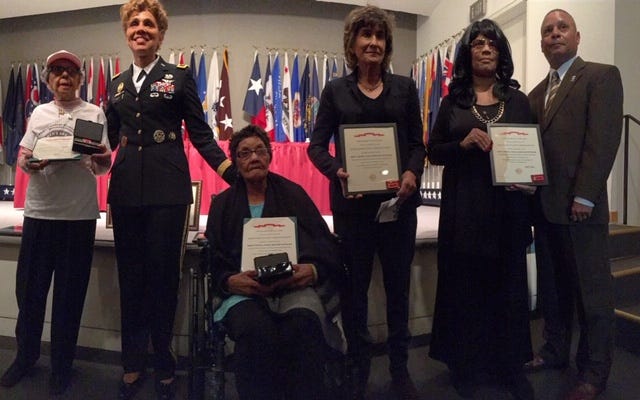 L-R 6888th veteran Delores Ruddock, LTG Nadja West, 6888th veteran Ms.Maybelle Campbell, Ms. Leigh Adams Slaughter (LTC Charity Adams Earley’s niece, Ms. Betty Schumer and LTC (R) Rodger Matthews, children of deceased 6888th Member, Vashti Murphy 6888th Central Postal Directory Battalion