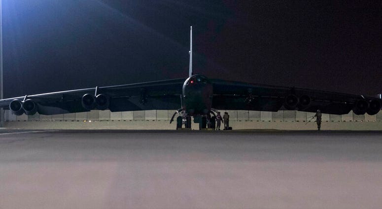 B-52H Stratofortress assigned to the 20th Expeditionary Bomb Squadron is parked on the ramp at Al Udeid Air Base, Qatar. US B-52 bombers land in Qatar over unspecified Iran threat