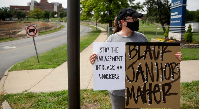 Johanna Fisher protests outside the Kansas City Veterans Affairs Medical Center