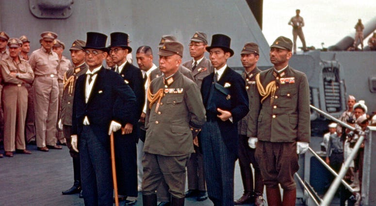 In this Sept. 2, 1945, file photo, Japanese surrender signatories arrive on board the USS Missouri