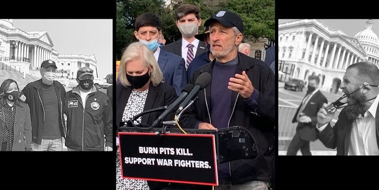 Jon Stewart and veterans on Capitol Hill fighting for burn pit and toxic exposure legislation. Jon Stewart and veterans on Capitol Hill fighting for burn pit and toxic exposure legislation.