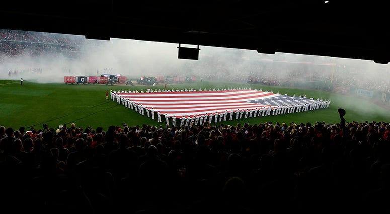 Jul 16, 2018; Washington, DC, USA; An overall view of the field during the national anthem before the 2018 MLB home run derby at Nationals Ballpark.