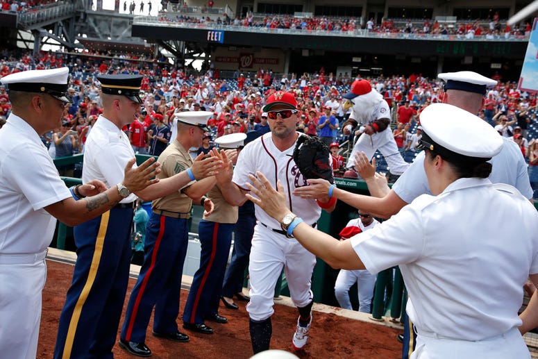 Nationals first baseman Ryan Zimmerman takes field through “lineup tunnel” of honored military members Nationals first baseman Ryan Zimmerman takes field through “lineup tunnel” of honored military members