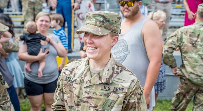 Staff Sgt. Amanda Kelley meets family and friends after becoming the first enlisted woman to graduate from the Army's Ranger School Aug. 31, 2018. AmandaKelley