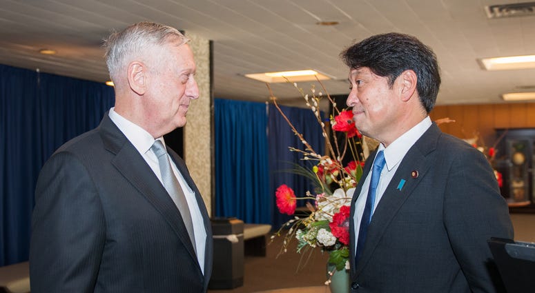 U.S. Secretary of Defense Jim Mattis speaks with Japanese Defense Minister Itsunori Onodera n August 17, 2017.