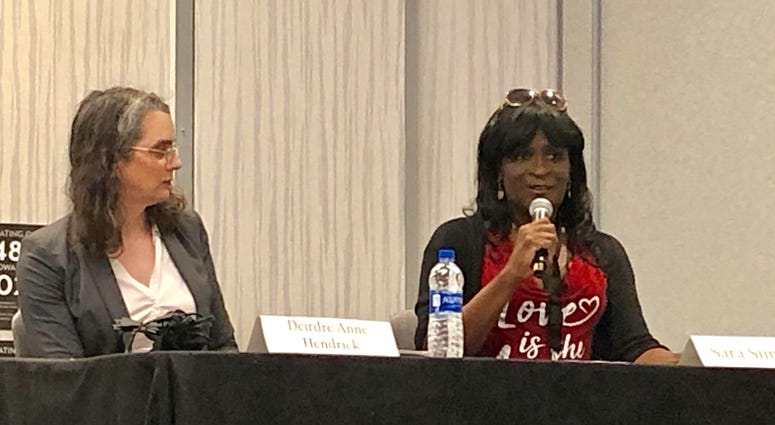 Army veteran Sara Simone speaks on a panel about LGBTQ veterans and homelessness at the National Coalition for Homeless Veterans 2019 conference in Washington, D.C. alongside veteran Deirdre Anne Hendrick. NCHV1