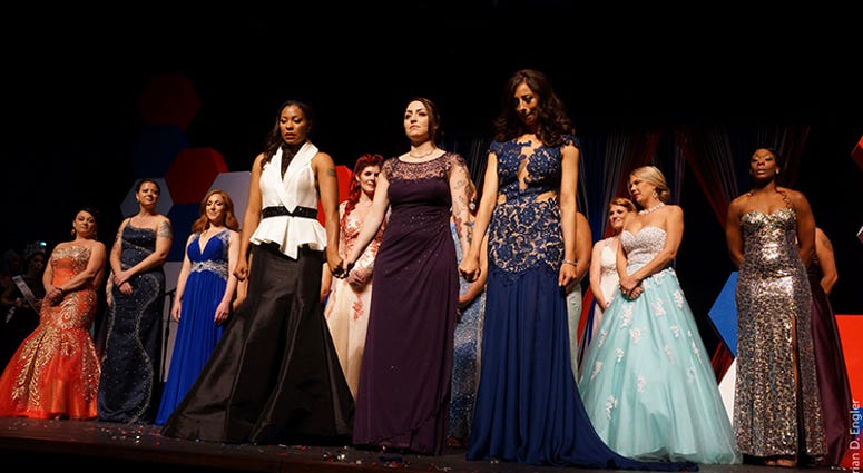 (Left to right at front of stage) Andrea Waterbury, Kerry Turner and Rachel Engler are the three finalists in the Ms. Veteran America competition.