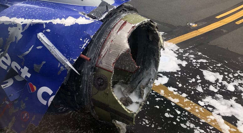 Apr 17, 2018; Philadelphia, PA, Photo from a Twitter post by Joe Marcus (@joeasaprap) on April 17, 2018 showing what appears to be the damaged engine on a Southwest Airlines airplane.