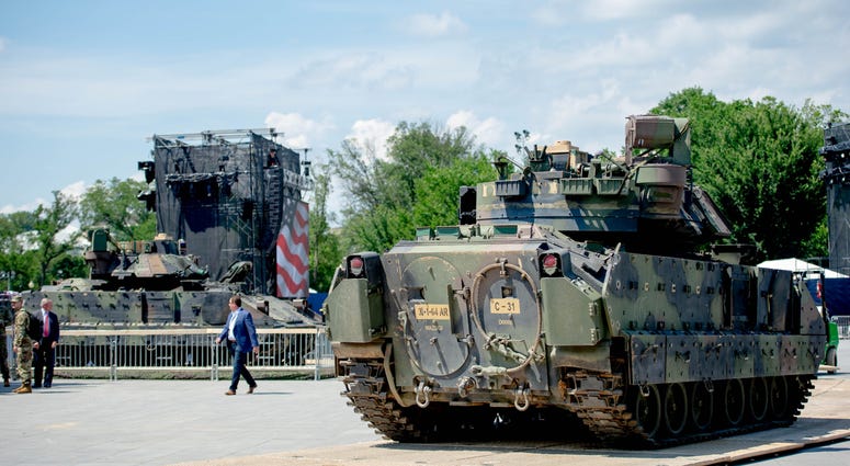 A Bradley Fighting Vehicle sits in front of the Lincoln Memorial ready for the July Fourth Salute to America celebration in Washington. July Fourth Salute to America in Washington, D.C.