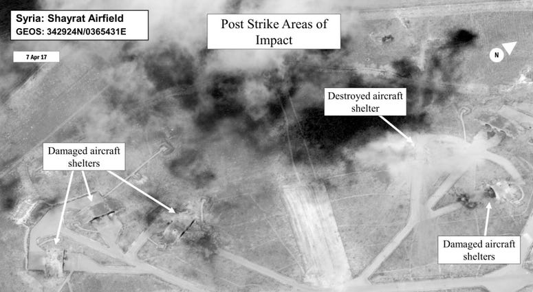 Battle damage assessment image of Shayrat Airfield, Syria, following U.S. Tomahawk Land Attack Missile strikes April 7, 2017 from the USS Ross (DDG 71) and USS Porter (DDG 78), Arleigh Burke-class guided-missile destroyers.