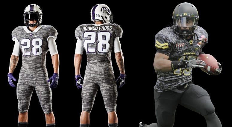 TCU and Oregon both have worn camo style uniforms TCU and Oregon both have worn camo style uniforms