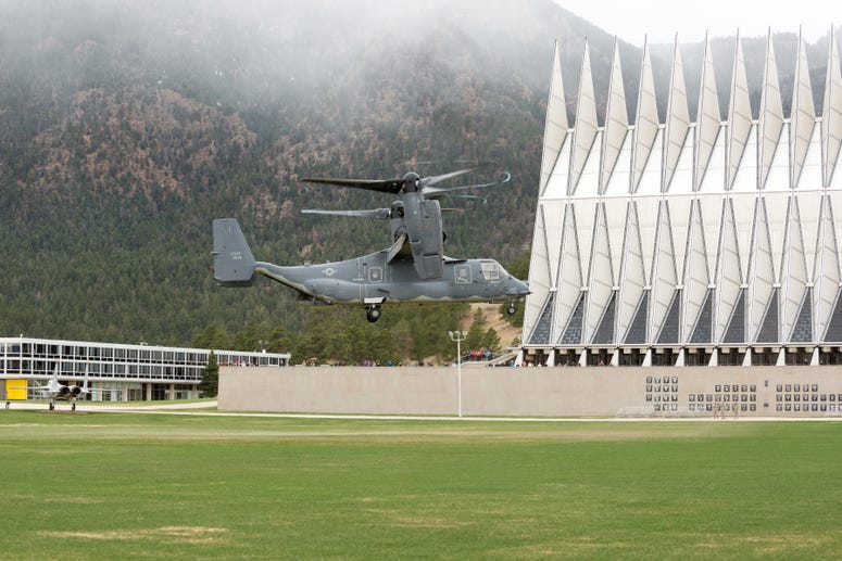 A CV-22 Osprey lands on the U.S. Air Force Academy's Terrazzo in Colorado Springs, Colorado, April 15, 2016.