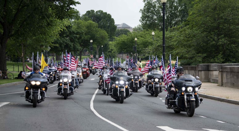 Motorcycle riders participate in Rolling Thunder in Washington D.C. Memorial Day weekend across America.