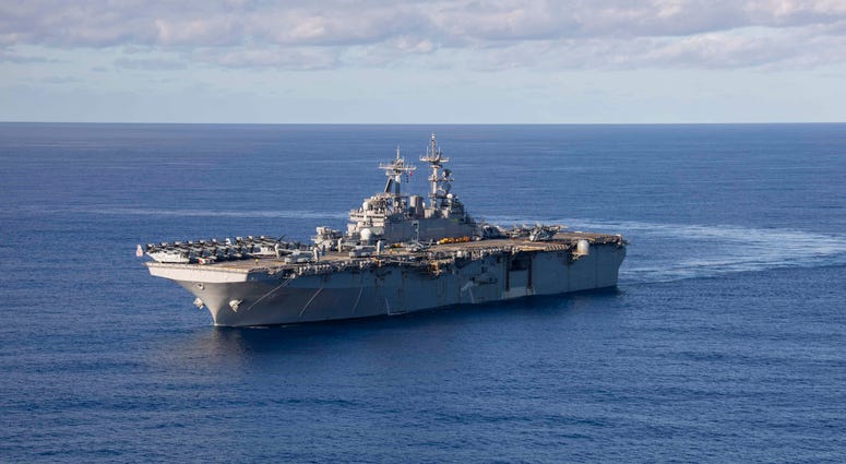 The Wasp-class amphibious assault ship USS Kearsarge (LHD 3) transits the Atlantic Ocean. Kearsarge is on a scheduled deployment as part of the Kearsarge Amphibious Ready Group in support of maritime security operations, crisis response and theater securi