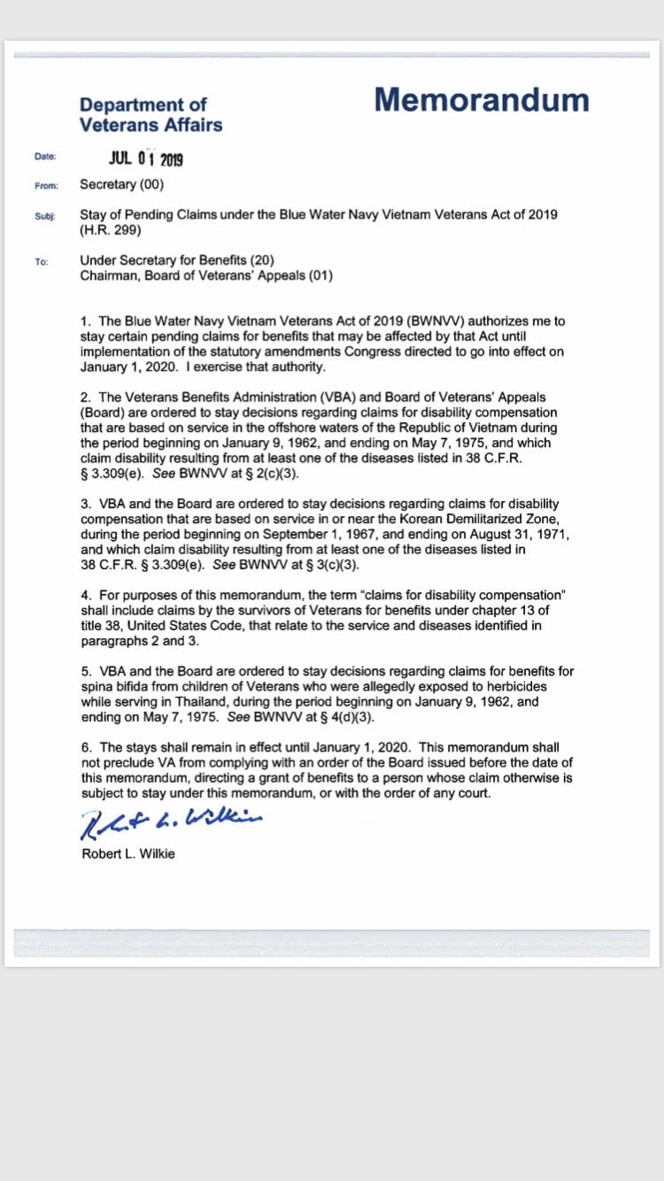 Memo from VA Secretary Robert Wilkie. VAWilkieBWNmemo