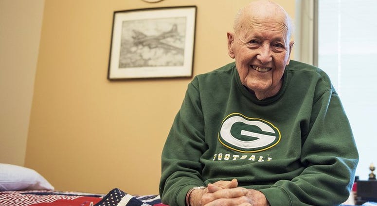 In this June 20, 2018 photo, World War II veteran Max Bergen, whol will receive a long-overdue Purple Heart, poses at the Wisconsin Veterans Home at Chippewa Falls, Wis. Bergen was injured when shot down over Germany in 1944.
