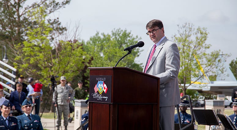 Acting Secretary of Veterans Affairs Robert Wilkie offers remarks from the President of the United States, Donald Trump, to open the North American Aerospace Defense Command’s 60th Anniversary Ceremony on Peterson Air Force Base Colorado, May 12. The cere