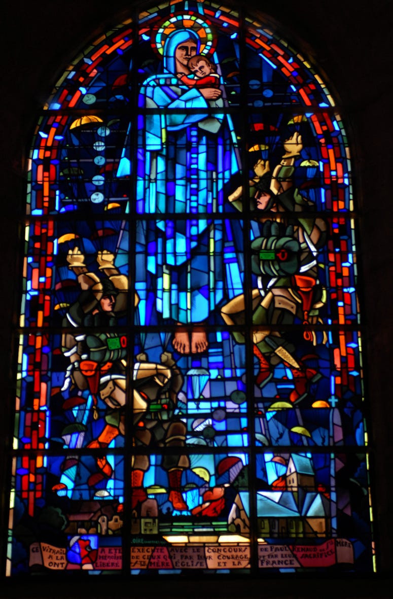 One of the stained glass windows in the church in Ste. Mere Eglise, France, that is dedicated to the paratroopers who liberated the town on June 6, 1944
