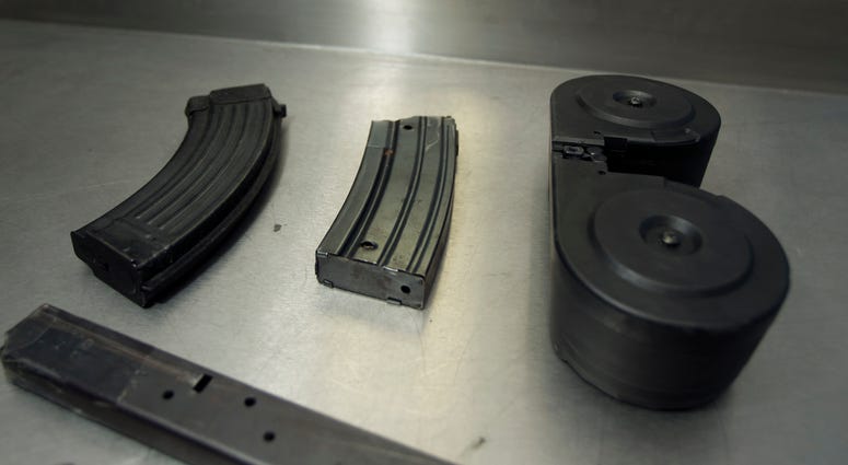 One area under debate in gun laws is over high-capacity ammunition magazines. These high-capacity magazines sit on display in the evidence room of the Oakland, California, Police Department. ammo mag