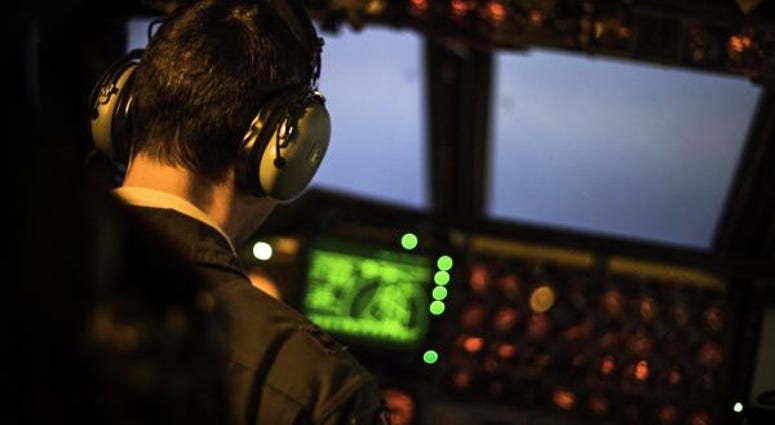 A B-52 Stratofortress pilot, assigned to the 23rd Expeditionary Bomb Squadron, controls the aircraft during a strategic bomber mission over Europe, on Jan. 12, 2018.